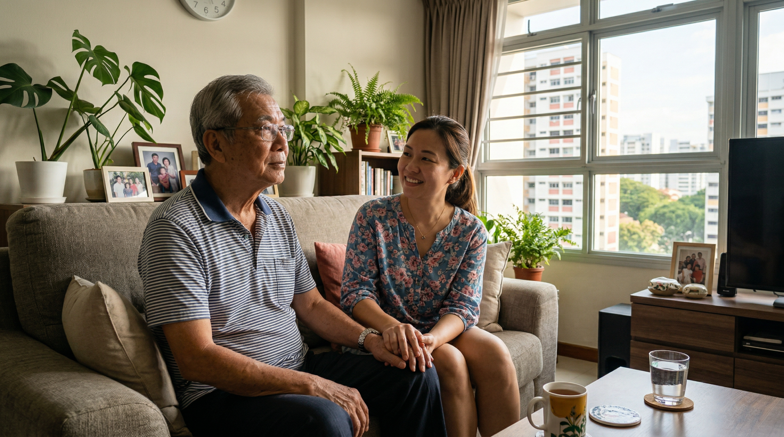 Adult Singaporean daughter holding hands with elderly father at home โ ageing-in-place independence in Singapore super-aged society 2026