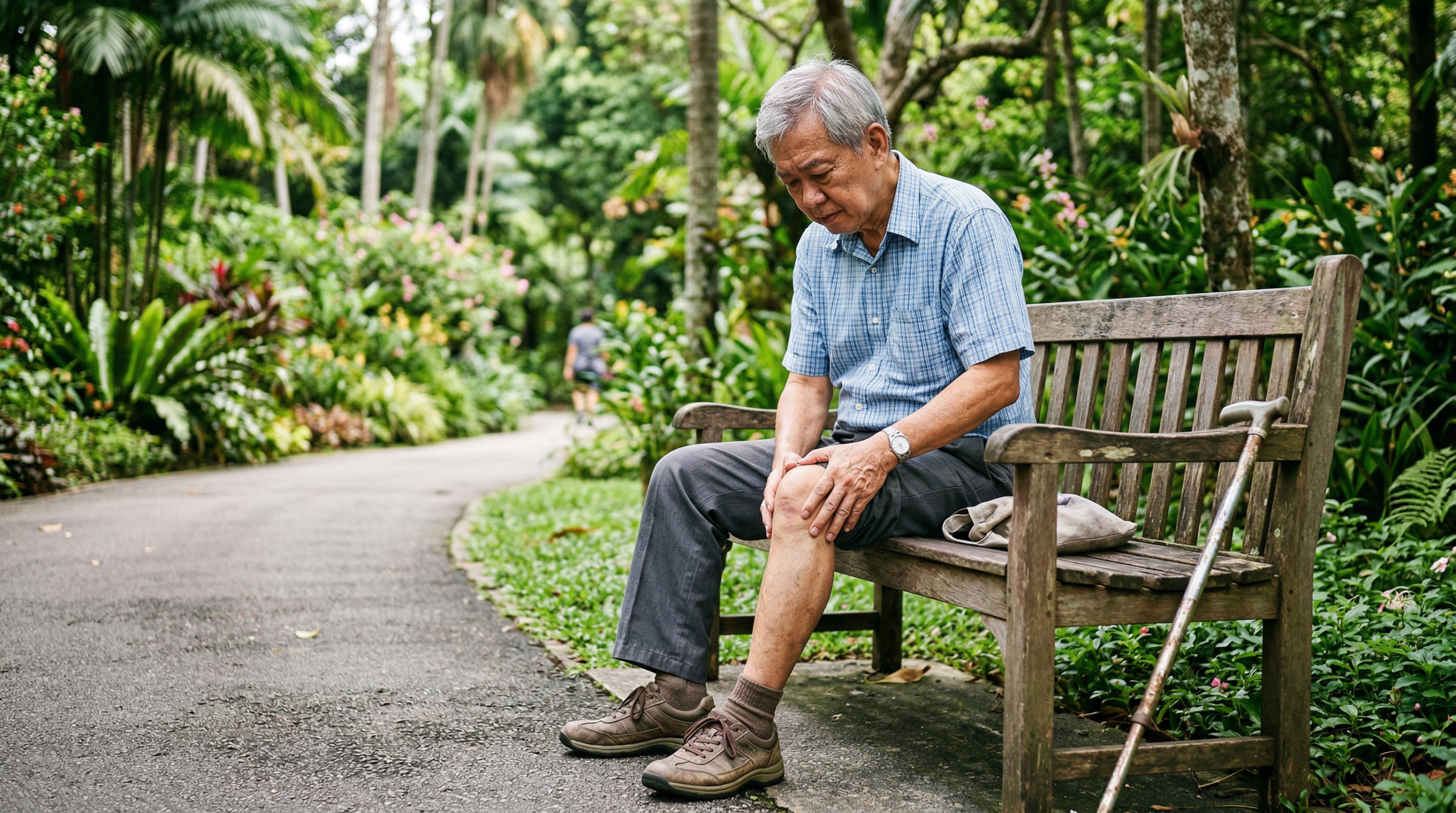 Elderly Asian man on park bench in Singapore holding his knee โ joint pain and fear of falls make conventional exercise difficult for seniors over 65