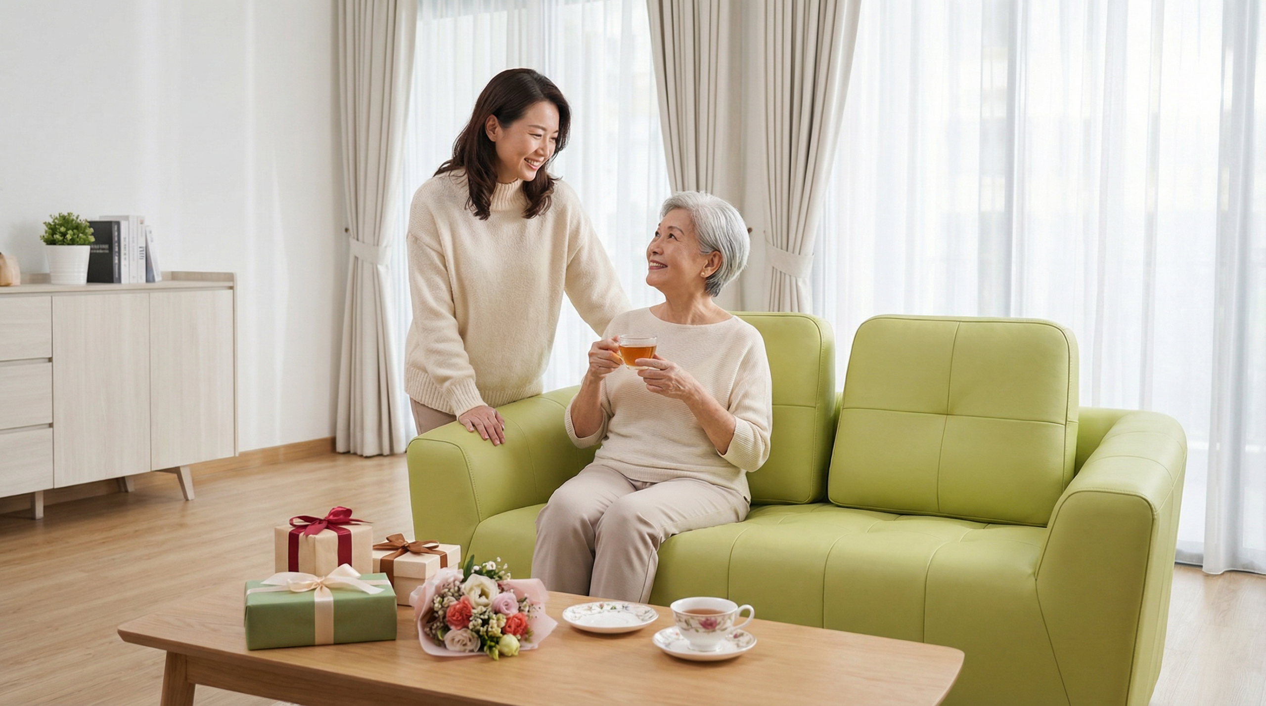 Adult Singaporean daughter smiling as elderly mother enjoys whole body vibration session at Vibrahealth Wellness Lounge The Adelphi Singapore โ gift for ageing parents