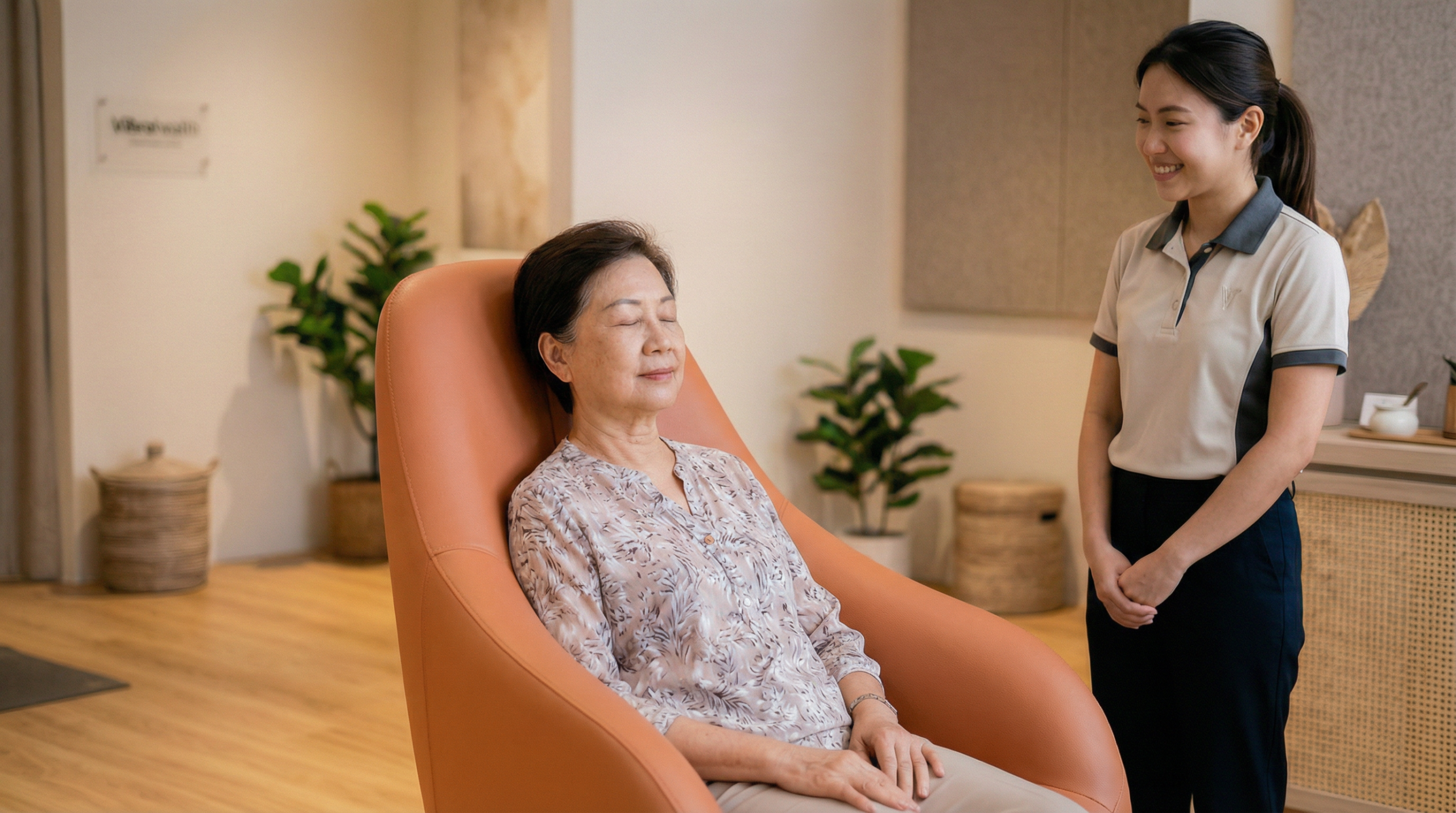 Elderly Singaporean woman seated in BGREEN vibration wellness chair during complimentary first session at Vibrahealth, The Adelphi Singapore โ calm and relaxed expression