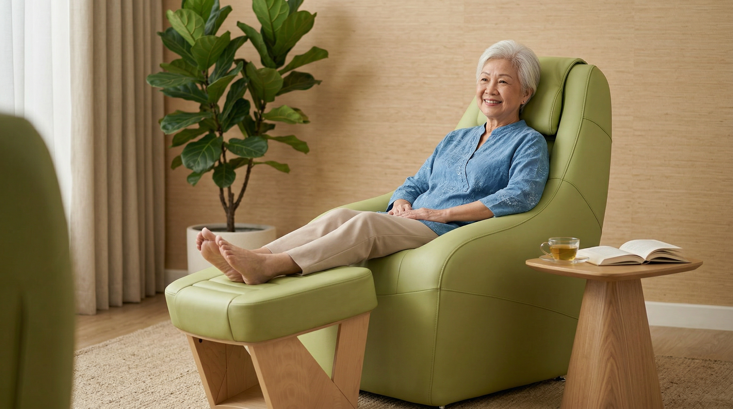 Elderly Singaporean woman seated peacefully in a whole body vibration wellness chair — gentle passive exercise alternative to high-intensity fitness for seniors over 60