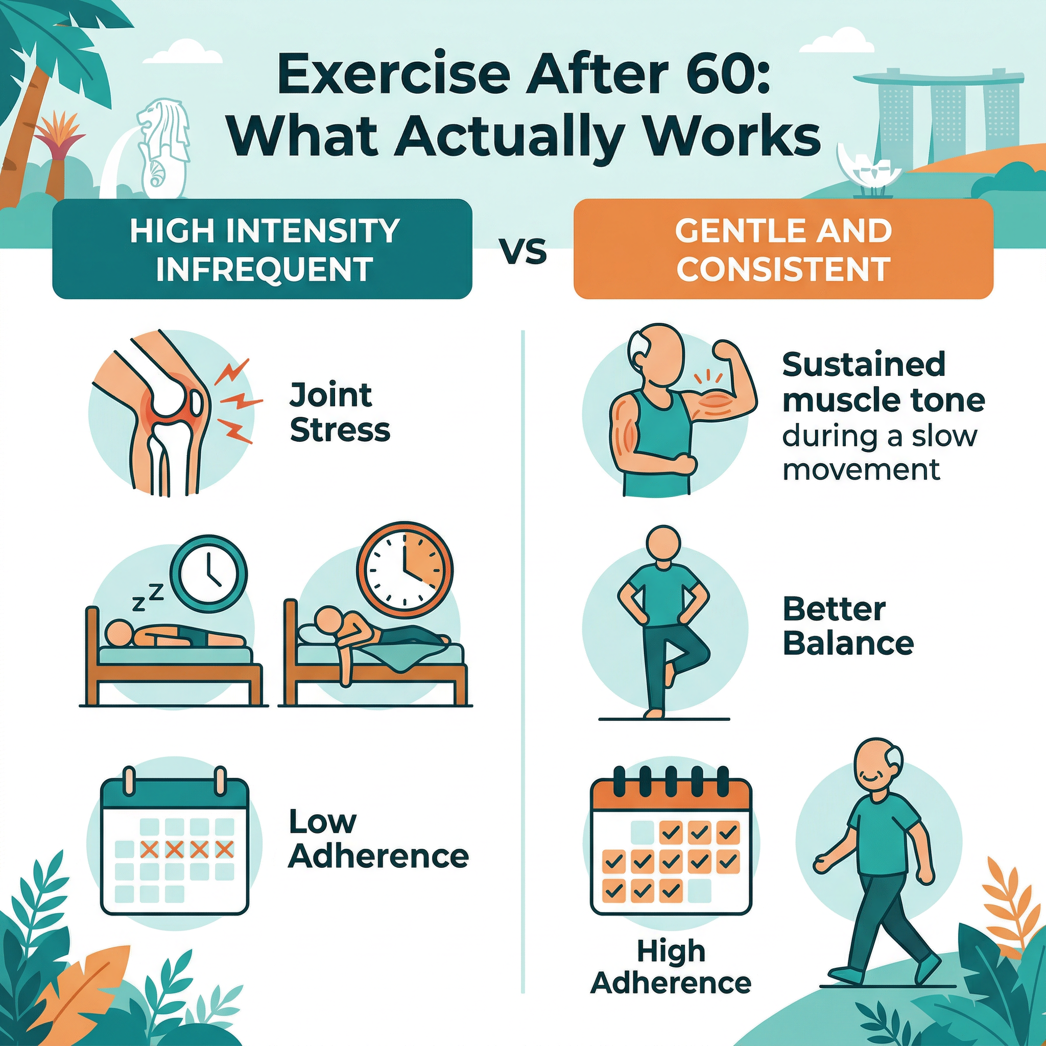 Infographic comparing high-intensity exercise versus gentle consistent exercise for adults over 60 — showing why gentle and consistent produces better outcomes for elderly Singaporeans