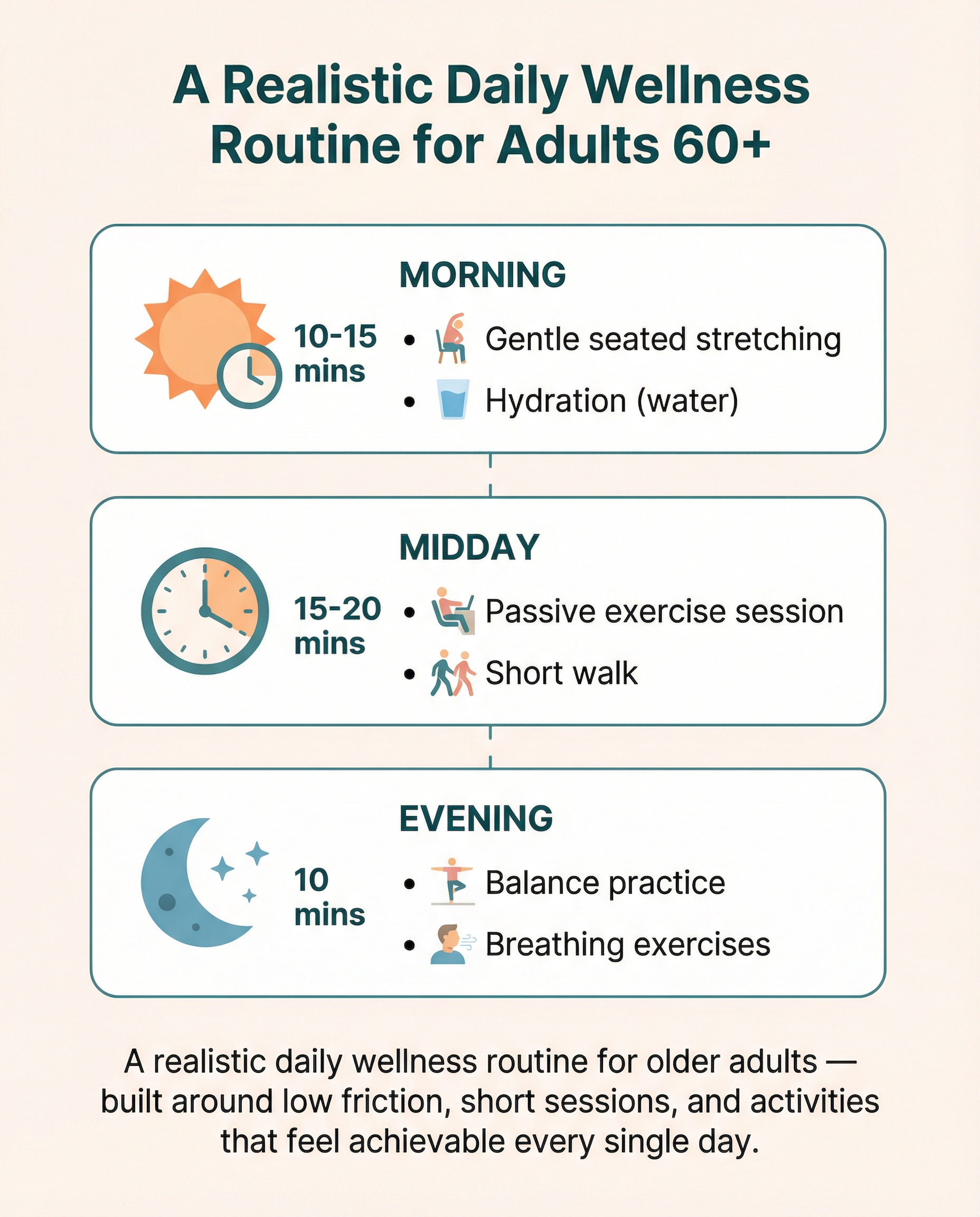 Infographic showing a realistic daily wellness routine for Singaporean adults over 60 — morning stretches, midday passive exercise session, evening balance practice