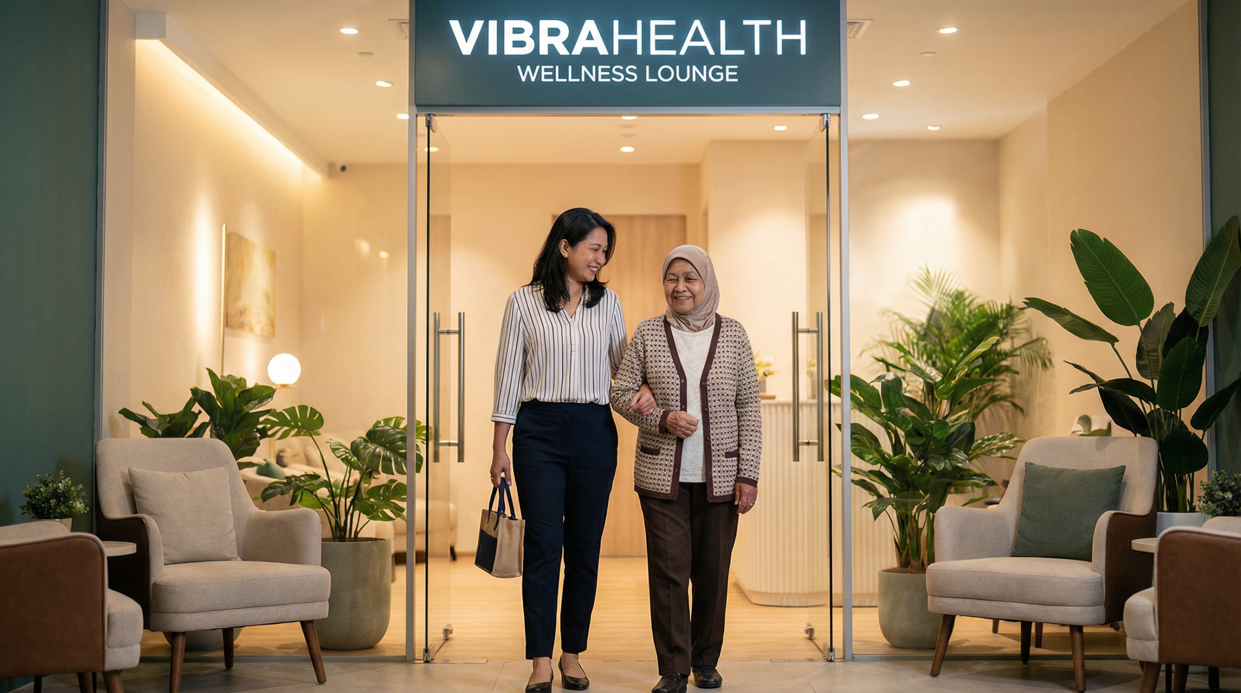 Adult Singaporean daughter and her elderly mother arriving together at a modern wellness lounge in Singapore โ a low-pressure first experience of whole body vibration wellness