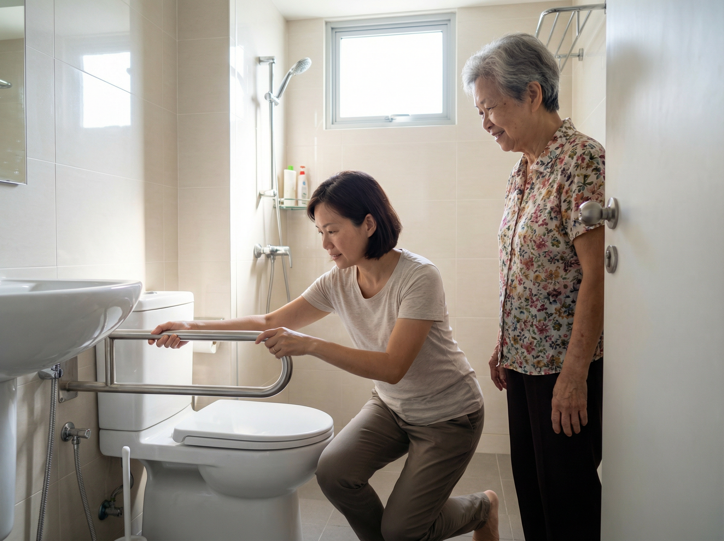 Adult Singaporean daughter checking grab rail installation in bathroom while elderly mother looks on โ home safety audit for fall prevention in Singapore