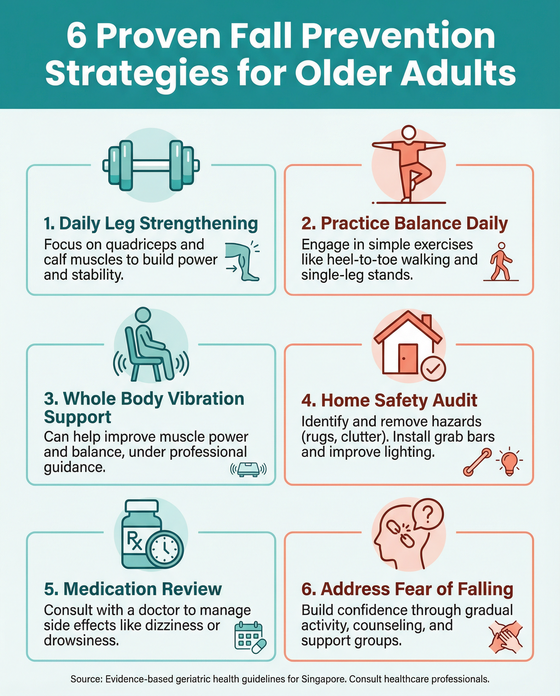 Infographic showing 6 evidence-based fall prevention strategies for elderly adults in Singapore: leg strengthening, balance practice, WBV, home safety audit, medication review, addressing fear of falling