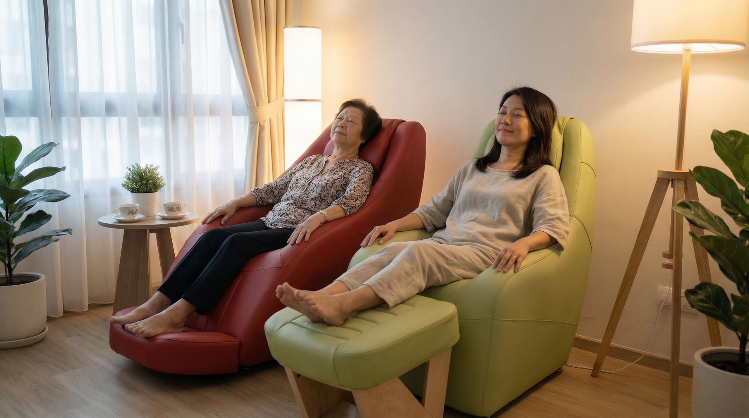 Elderly Singaporean mother and adult daughter sitting side by side in whole body vibration wellness chairs at Vibrahealth Singapore โ sharing a wellness experience as a gift