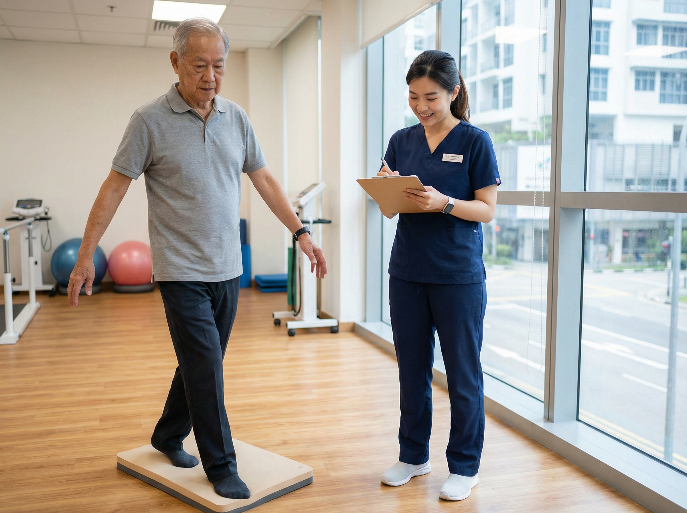Elderly Singaporean man performing a balance assessment with physiotherapist in Singapore clinic โ whole body vibration research on balance and fall prevention in older adults